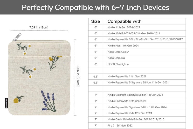Dadanism Embroidered Daisy Padded Sleeve for All-New Kindle Paperwhite, 7" Kindle Colorsoft Signature Edition, Protective Sleeve Case for 6" K-indle/K-indle Oasis/Kobo E-Reader, Hemp Plants - Image 2